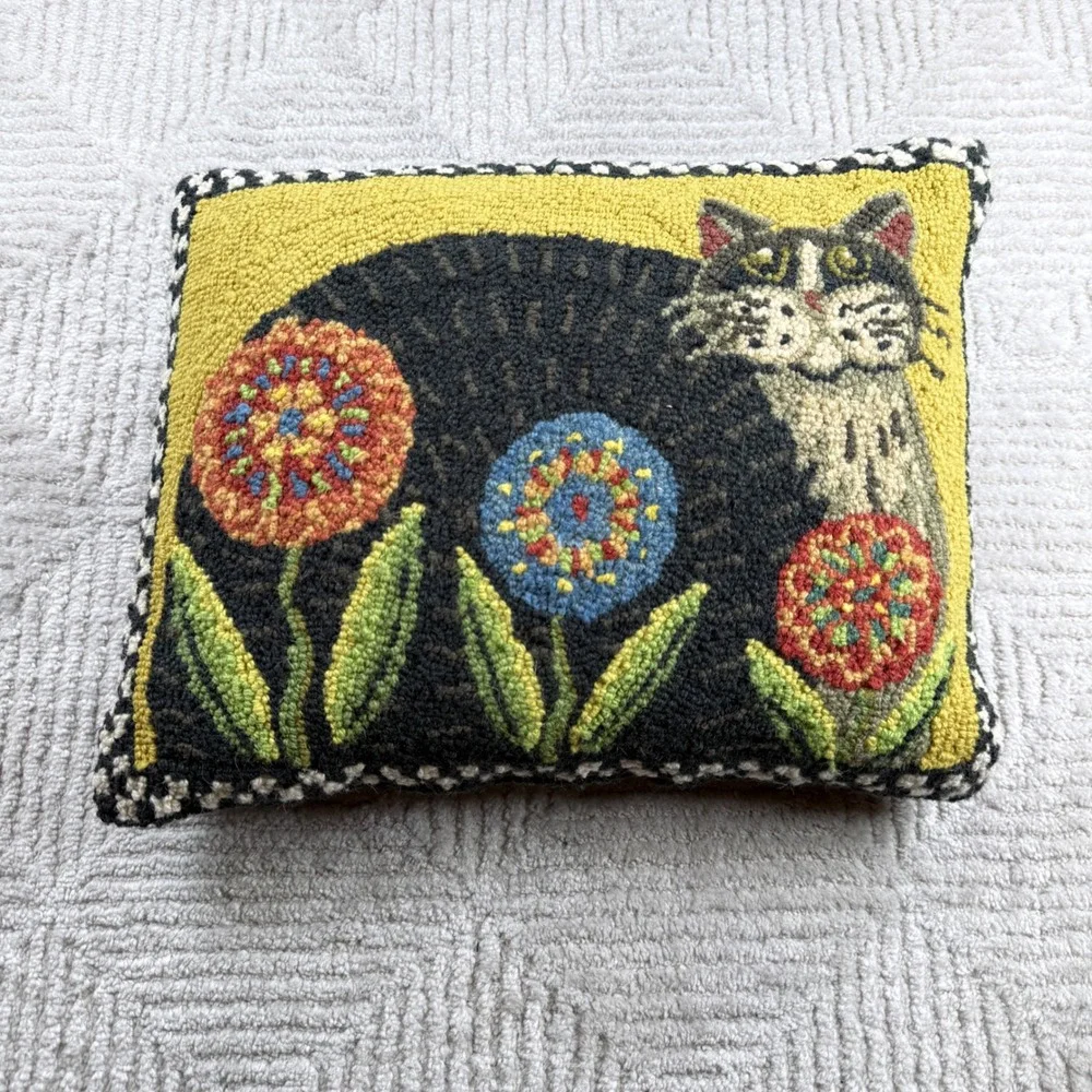 Penny Flower Cat Hooked Pillow Folk Art Decor Cottagecore Farmhouse Boho Rustic